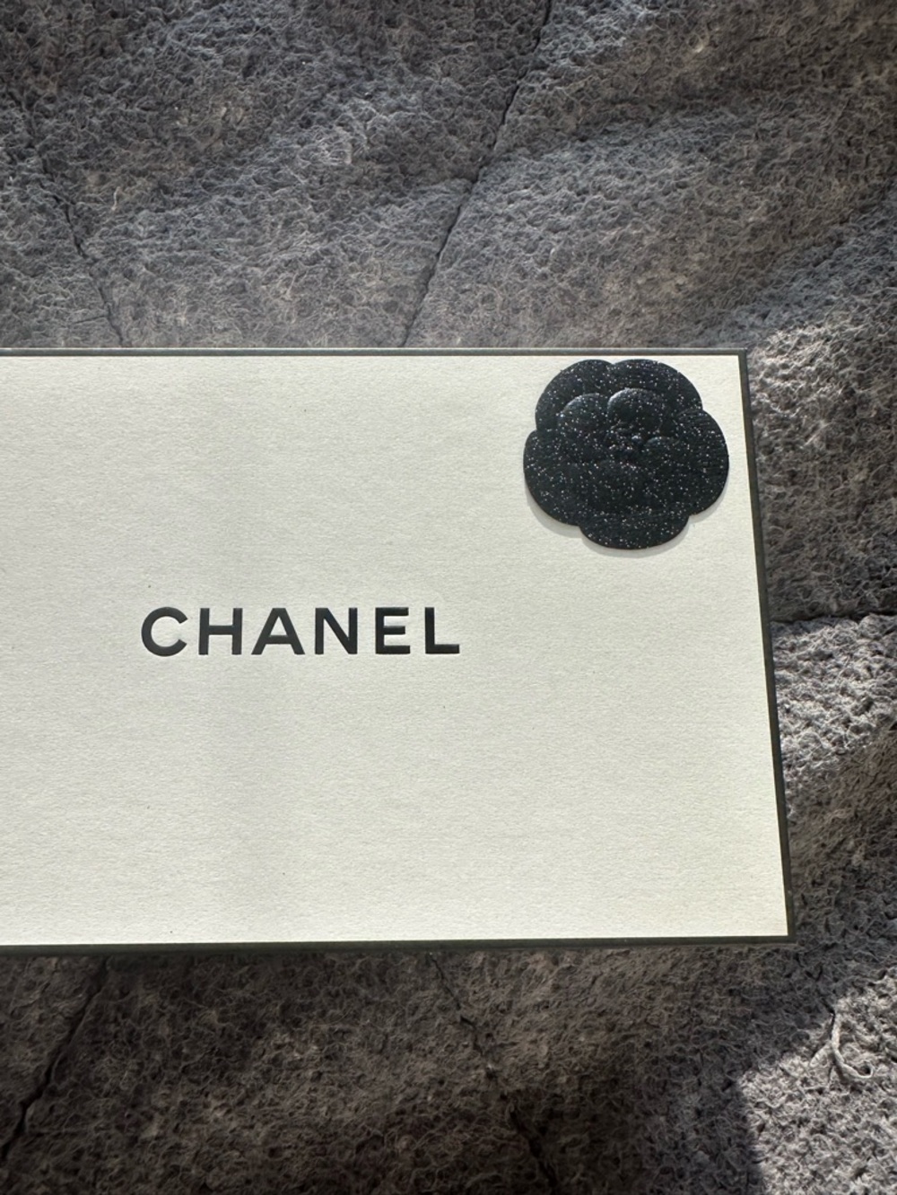 CHANEL White Gift Box with Black Camellia Accent and Ribbon